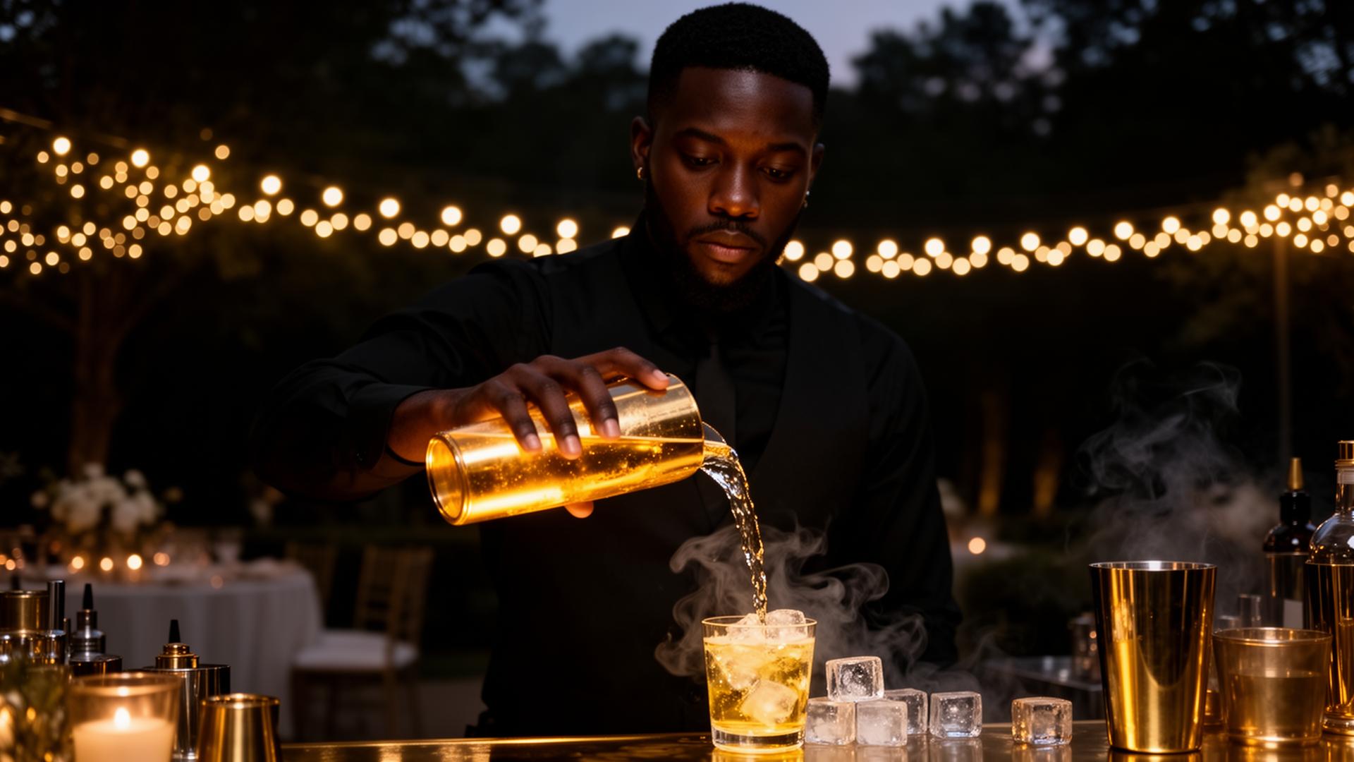 Tez pouring a cocktail at dusk