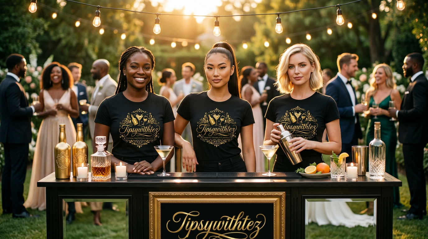Diverse Tipsy with Tez bartending team at an outdoor wedding